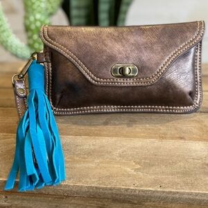 NWT Catchfly Clutch Wristlet Brushed Metallic Brown Leather Mini Bag Purse